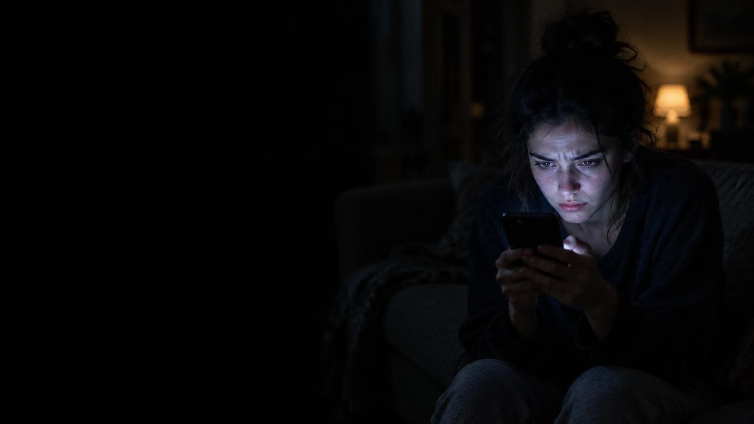 Someone answering messages on their phone late at night, in the dark